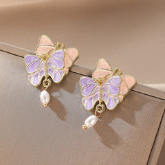 French Butterfly Oil Drop Pink Fashionable Retro Hong Kong Style Earrings For Women, Gentle And Super Fairy Pearl Personality Earrings