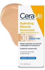 CeraVe Hydrating Sheer Sunscreen SPF 30 for Face and Body | Mineral & Chemical Sunscreen with Zinc Oxide, Hyaluronic Acid, Niacinamides and Ceramides| Paraben Free Fragrance Free | 3 Ounces